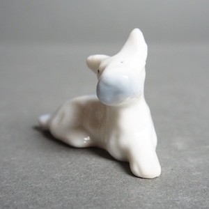 Mid Century Ceramic Dog Figurine, Miniature Lying Terrier, Bone China Dog, Blue, White, Japan, Midcentury Vintage Ceramic Dog Figurine