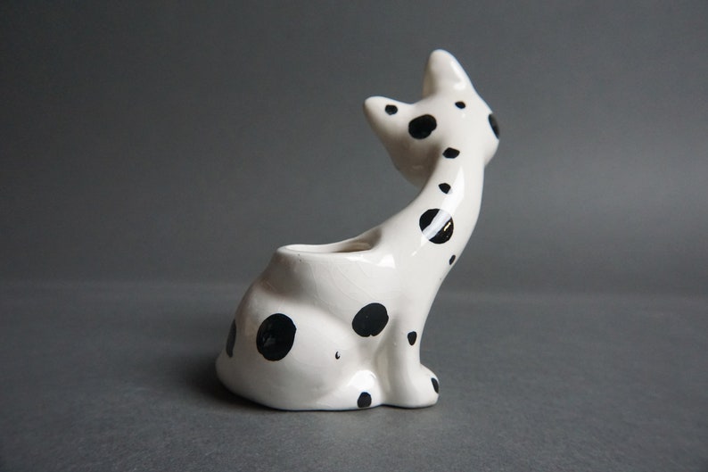 Vintage I.W. Rice & Co Imports Spotted Ceramic Cat Figurine, Hand Painted, Toothpick Holder, Japan, Dalmatian, Kitschy, 1950's, Black, White image 3