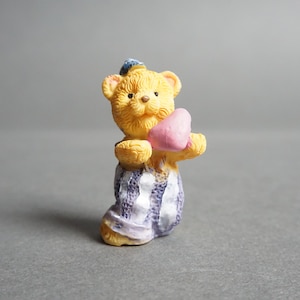Vintage Miniature Resin Teddy Bear, Overalls, Heart, Valentine, Love, Cute Teddy Bear, Valentines Day Gift, Mini Bear, Pink Heart, Brown