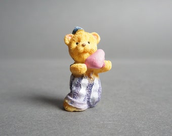 Vintage Miniature Resin Teddy Bear, Overalls, Heart, Valentine, Love, Cute Teddy Bear, Valentines Day Gift, Mini Bear, Pink Heart, Brown