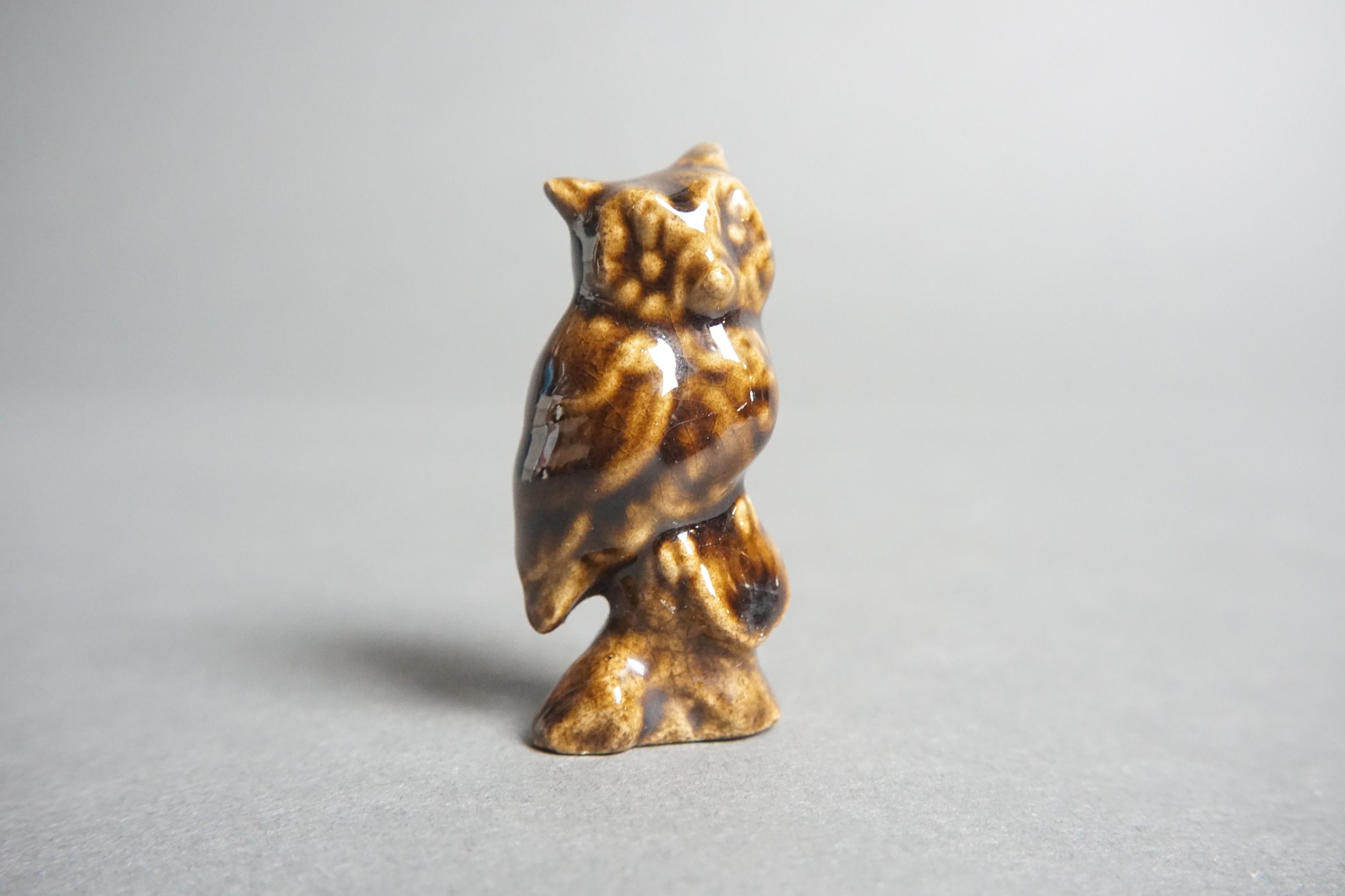 Brown Owl Figurine, Miniature Ceramic Owl Figurine, Small Perched Bird Brown Owl Ceramic Figurine, M