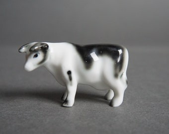 Vintage Miniature Holstein Black and White Bone China Cow, Spotted Cow Figurine, Ceramic Bone China Porcelain, Black Cow Figurine, Animals