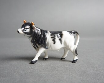 Vintage Bone China Holstein Bull Miniature Figurine, Cow, Cattle, Black, White, Miniature Farm Animal Figurine, Cute, Small, Ceramic Bull