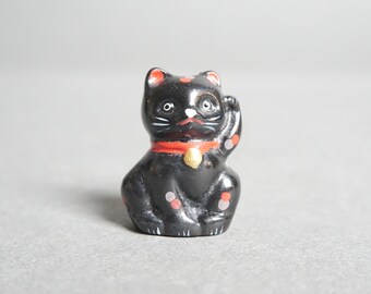 Miniature Black Lucky Cat Figurine, Tiny Cute Waving Cat Figurine, Asian Lucky Cat, Miniature Resin Animals, Black and Red, Paw, Arm Up