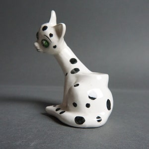 Vintage I.W. Rice & Co Imports Spotted Ceramic Cat Figurine, Hand Painted, Toothpick Holder, Japan, Dalmatian, Kitschy, 1950's, Black, White image 5