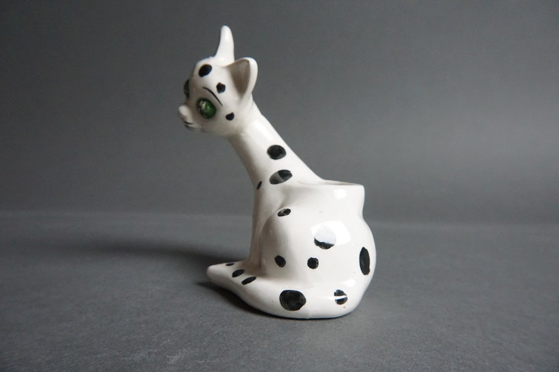 Vintage I.W. Rice & Co Imports Spotted Ceramic Cat Figurine, Hand Painted, Toothpick Holder, Japan, Dalmatian, Kitschy, 1950's, Black, White image 5