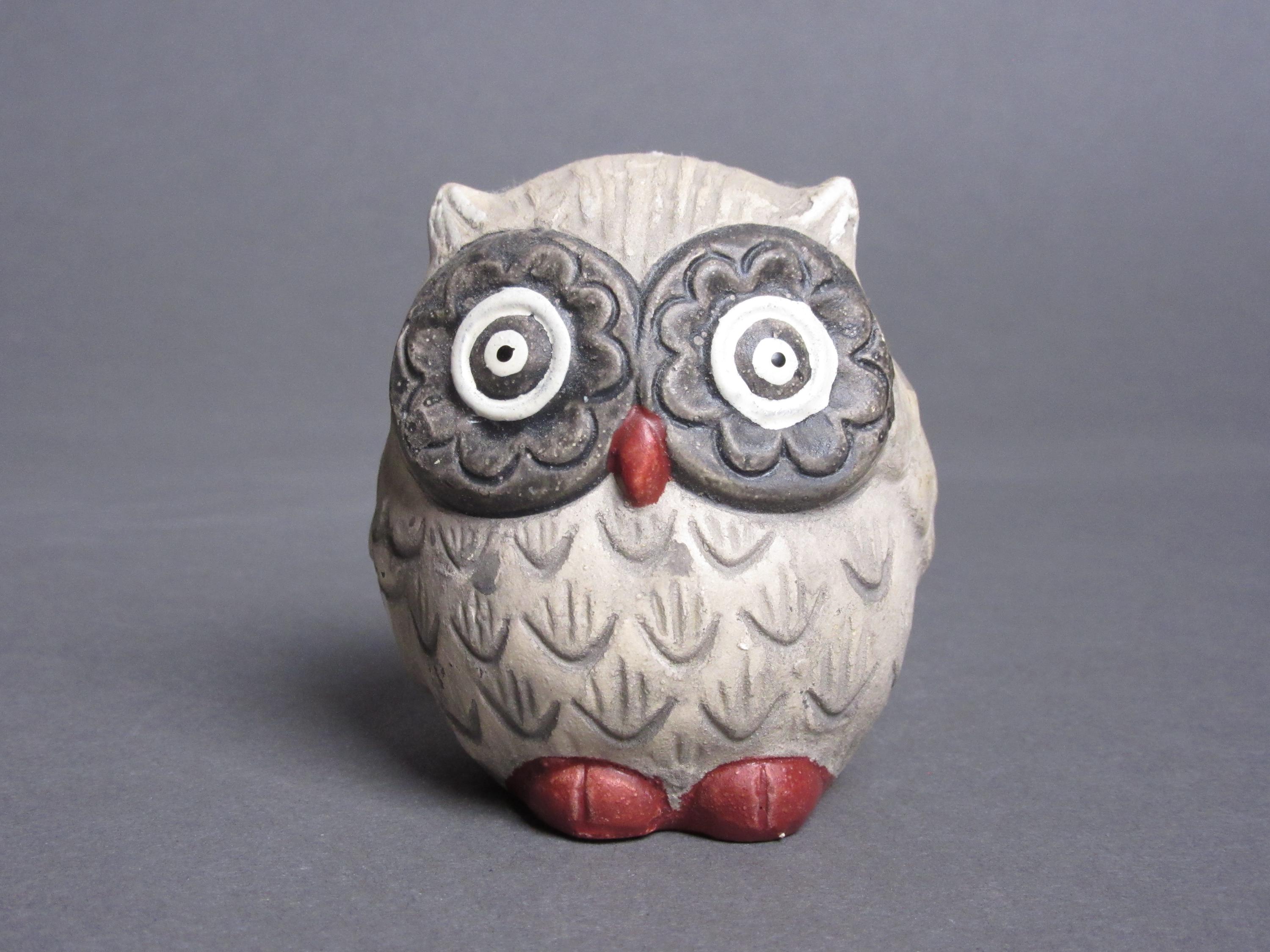 Vintage Ceramic Owl Figurine, Miniature Matte Chubby Owl, Gray, Wide-Eyed Ceramic Owl, Bone China, C