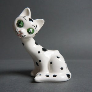 Vintage I.W. Rice & Co Imports Spotted Ceramic Cat Figurine, Hand Painted, Toothpick Holder, Japan, Dalmatian, Kitschy, 1950's, Black, White image 1