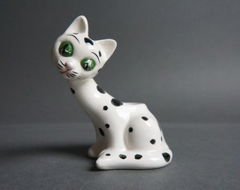 Vintage I.W. Rice & Co Imports Spotted Ceramic Cat Figurine, Hand Painted, Toothpick Holder, Japan, Dalmatian, Kitschy, 1950's, Black, White