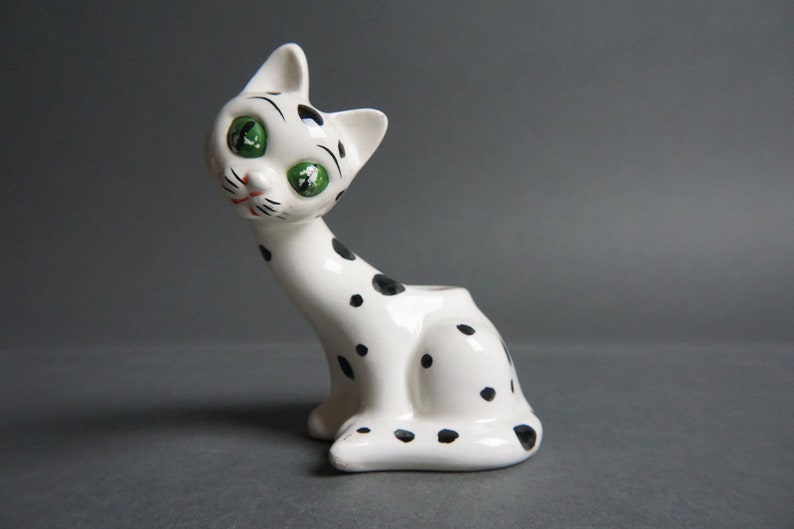 Vintage I.W. Rice & Co Imports Spotted Ceramic Cat Figurine, Hand Painted, Toothpick Holder, Japan, Dalmatian, Kitschy, 1950's, Black, White image 1