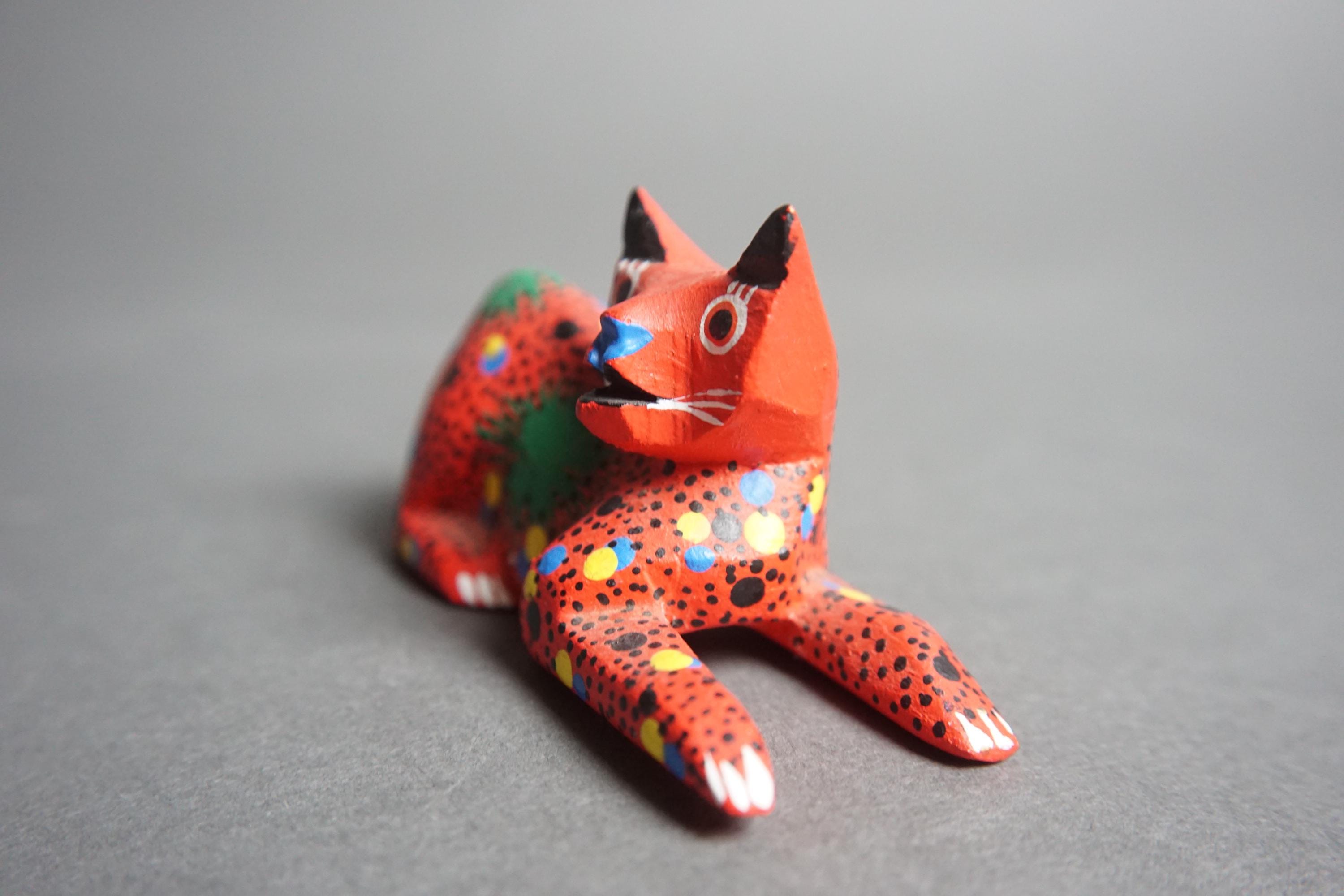 Francisco Hernandez Cruz Wood Carved Figurine, Cat, Fox, Red