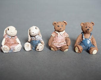 Set of Four Resin Figurines, Two Bears & Two Rabbits, Boy, Girl, Pink Dress, Blue Overalls, Miniature Bear, Bunny, Aesop's Fables Figuines