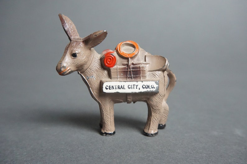 EC Vintage Metal Central City Colorado Burro Pack Mule Figurine, Souvenir Donkey, Miniature Metal Donkey, Retro Kitsch Vacation Memorabilia image 1