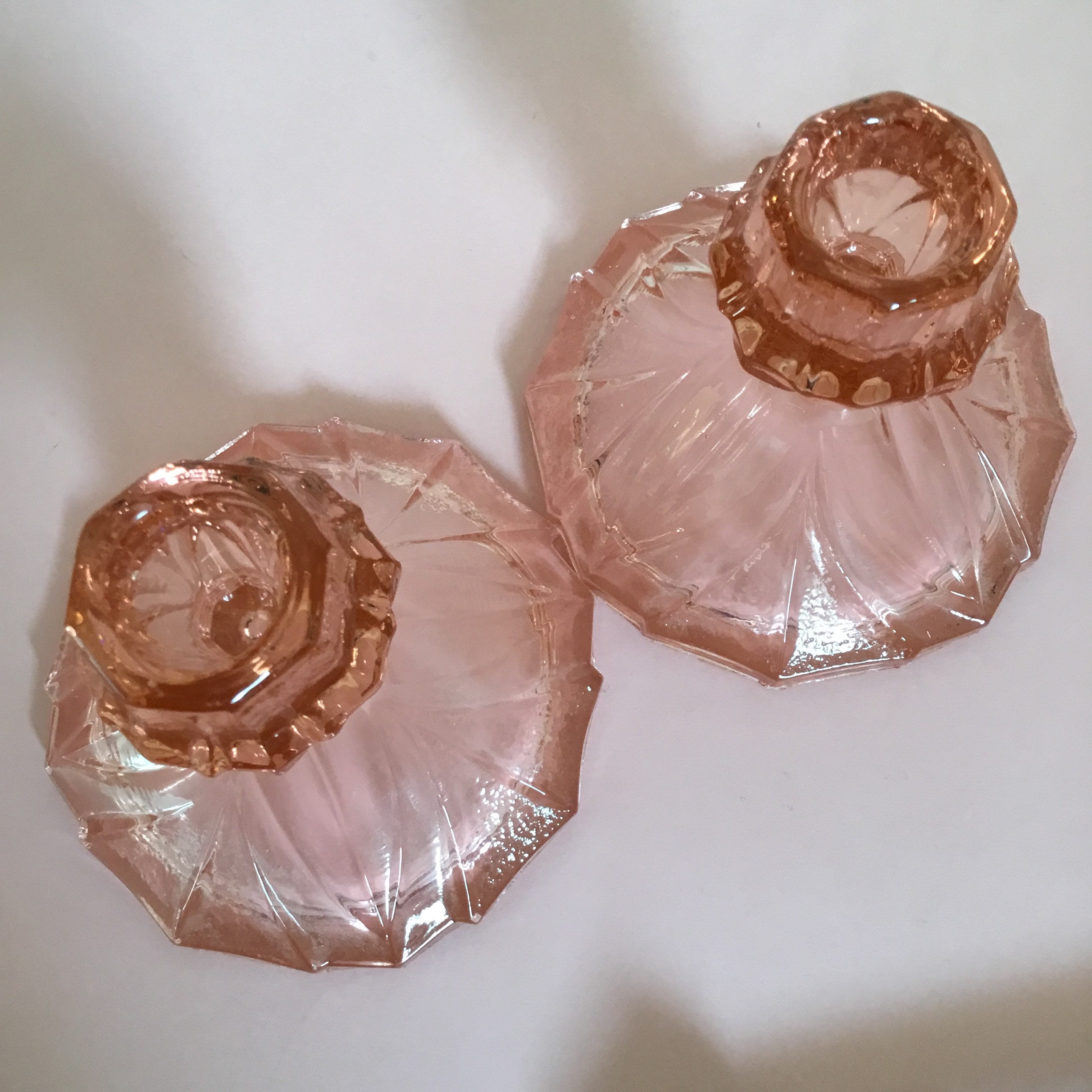 Vintage Pressed Glass Candle Holders Peachy Pink Art Deco Etsy