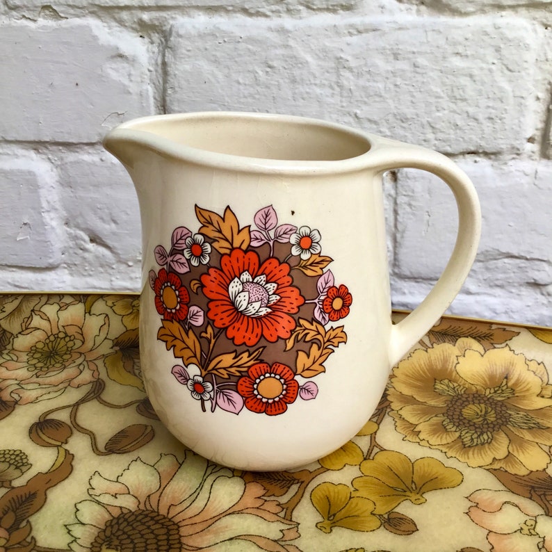 for milk or custard Retro Romanian orange flowers jug Romania Made by Faianta Sighisoara Cute retro 60s 70s flower power design.