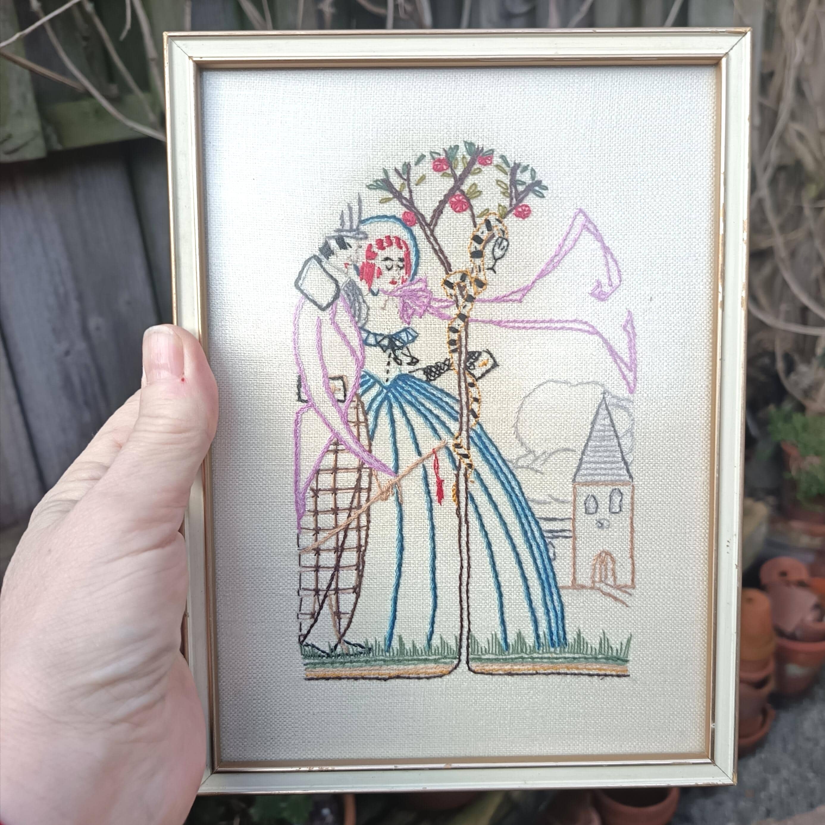ヴィンテージバレンタインのアダムとイブの刺繍絵 - Etsy 日本