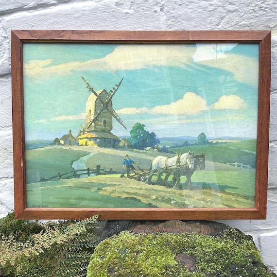 ジョージ・アイリングの絵画から、耕作する馬、風車、イギリスの田園