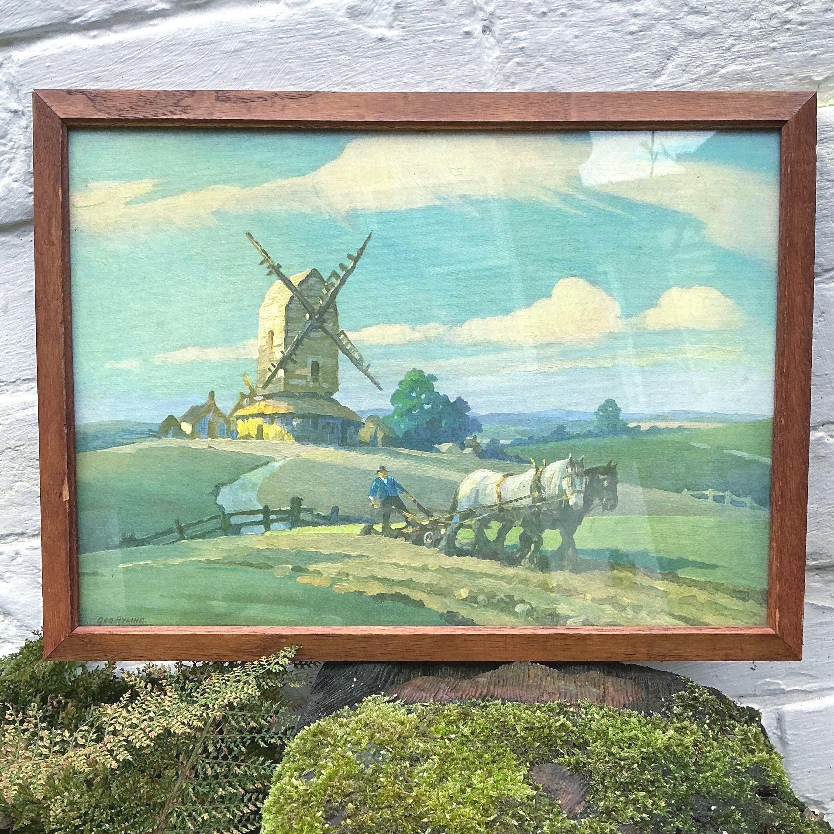 ジョージ・アイリングの絵画から、耕作する馬、風車、イギリスの田園