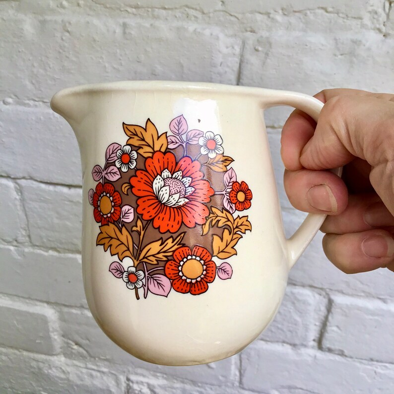 for milk or custard Retro Romanian orange flowers jug Romania Made by Faianta Sighisoara Cute retro 60s 70s flower power design.