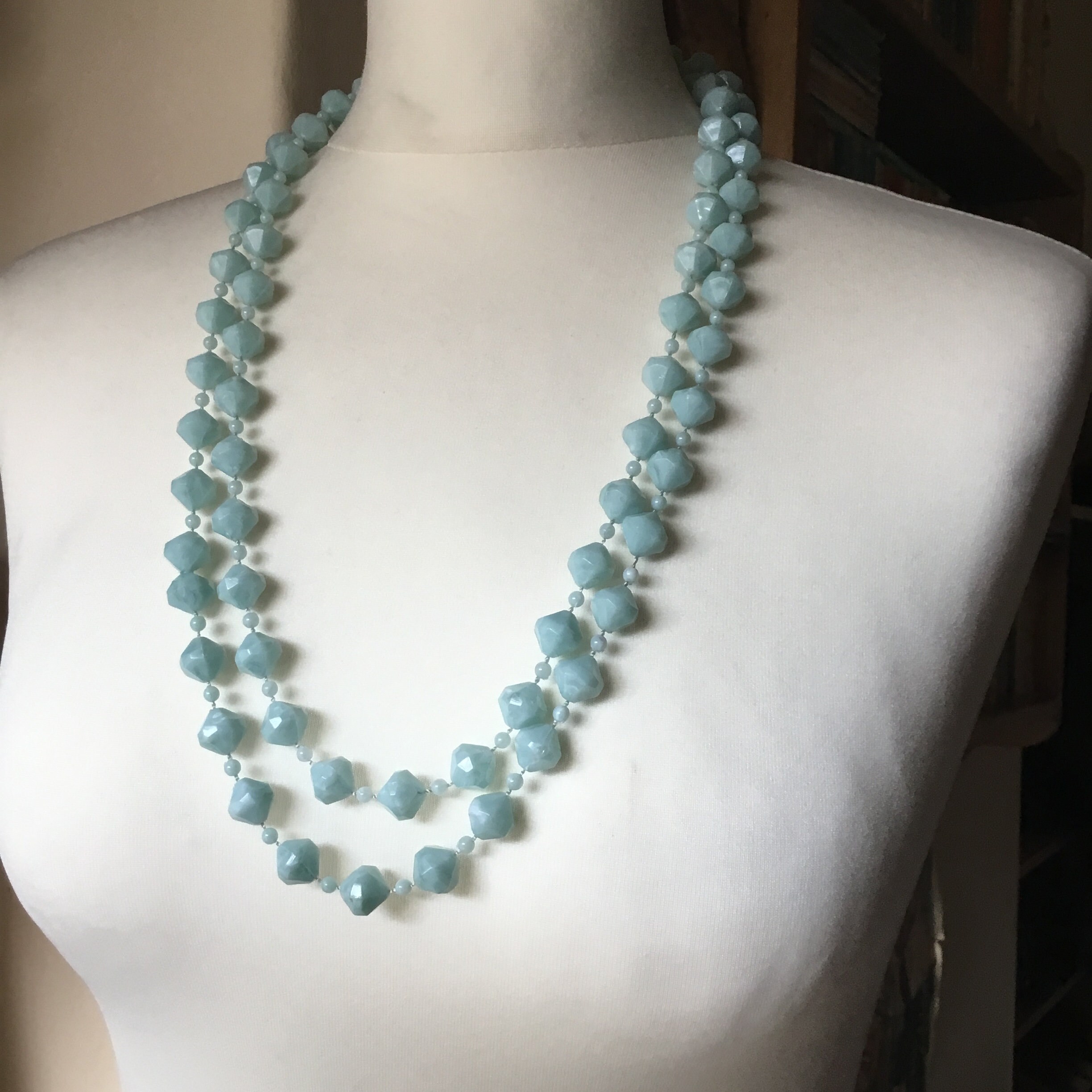 Light Blue Long Beaded Necklace. Faceted Resin Beads Marbled - Etsy UK