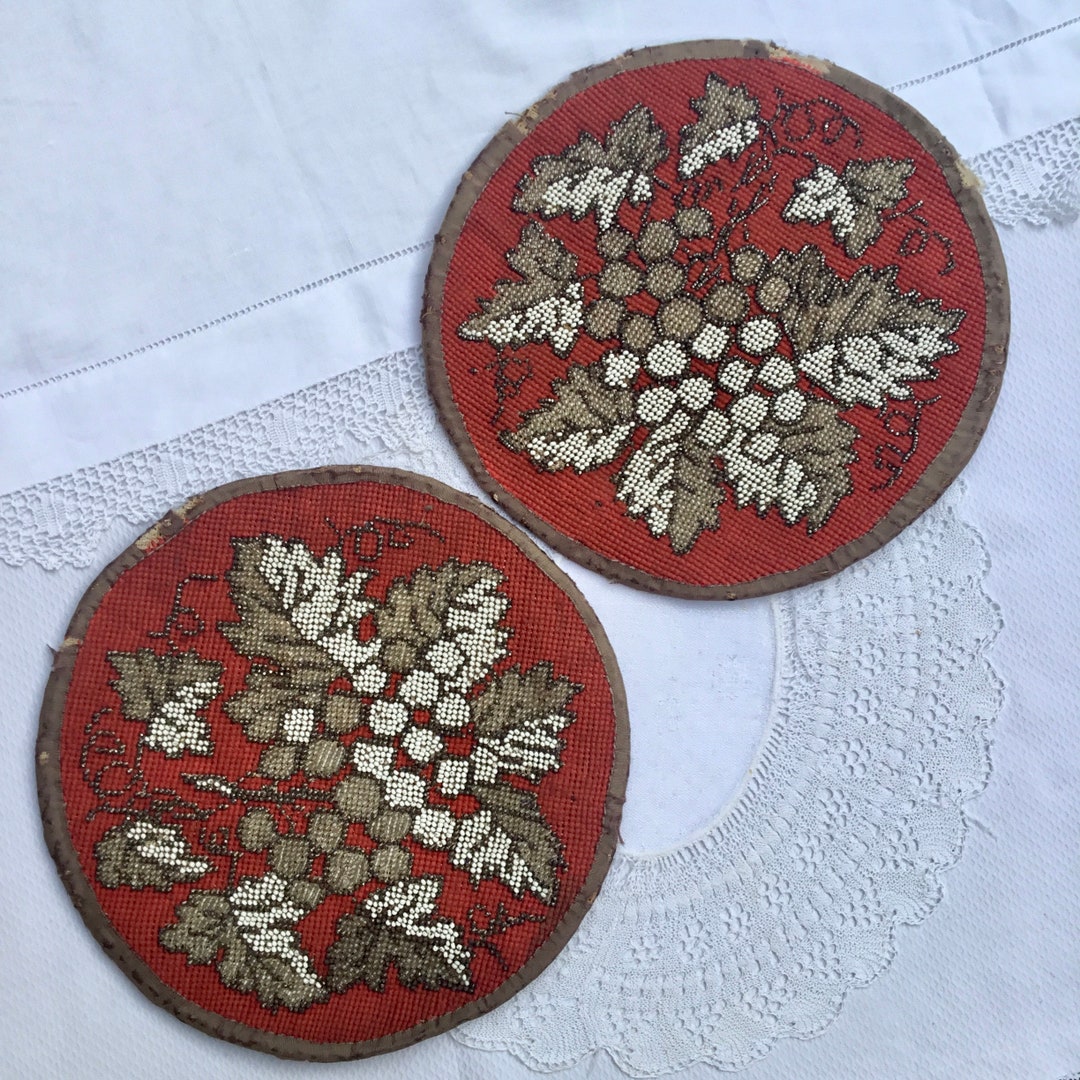 Antique Victorian Beadwork Mats, Grape Vine Design, Lovely Rich Colours, Perfect for the