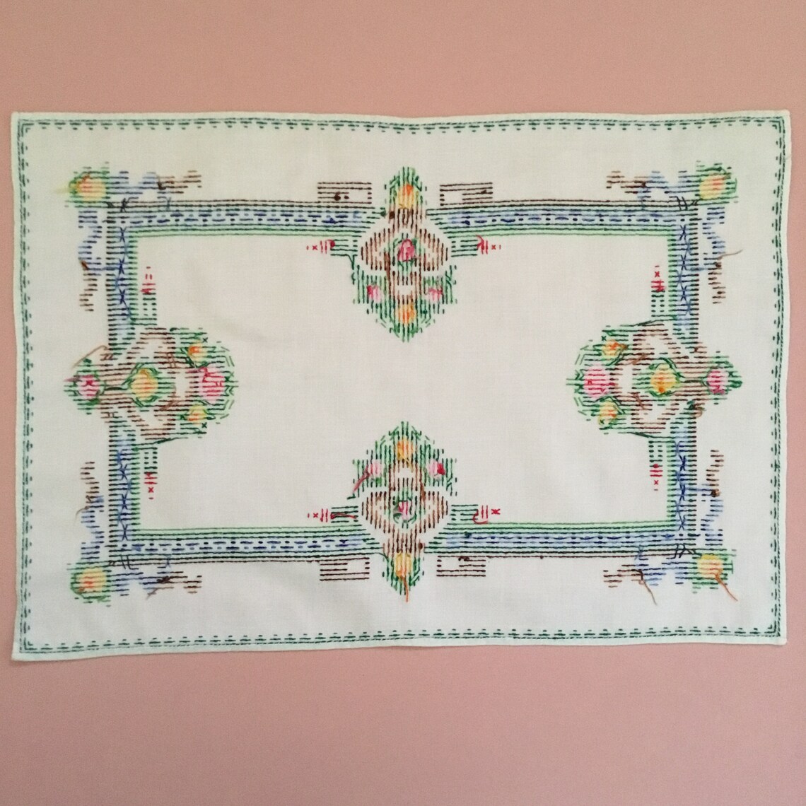 Embroidered cross stitch runner tray cloth. Beautifully made | Etsy