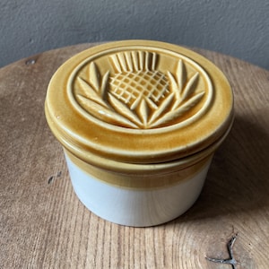 May include: A two-tone ceramic butter dish with a lid. The base is white, and the top and lid are tan. The lid is decorated with a raised thistle design. A decorative kitchenware item.