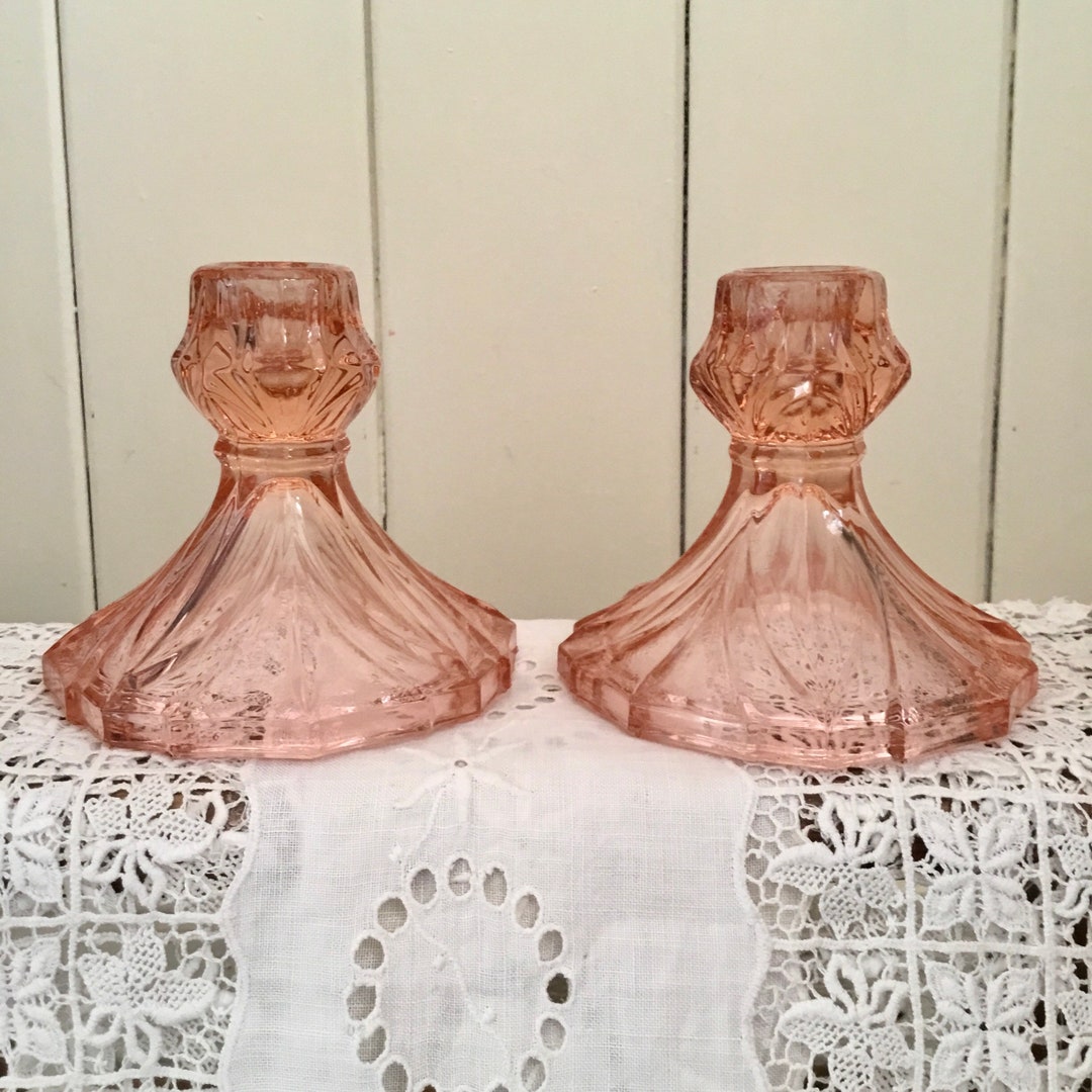 Vintage Pressed Glass Candle Holders Peachy Pink Art Deco Etsy