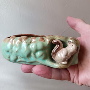 May include: A small, rectangular ceramic planter in a light teal color with brown accents. A detailed squirrel figure is perched on the side. The planter is held in a hand.