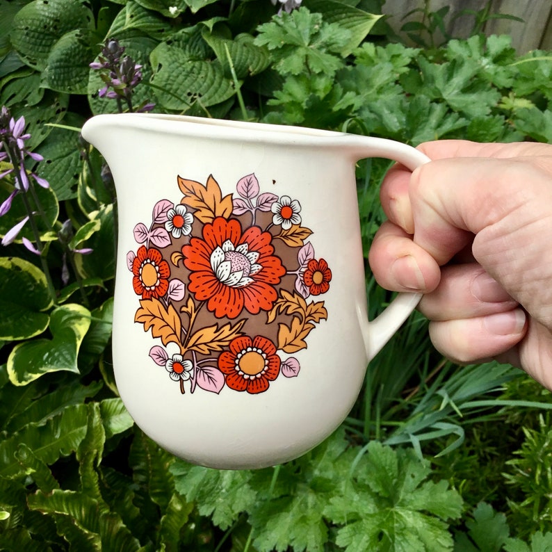 for milk or custard Retro Romanian orange flowers jug Romania Made by Faianta Sighisoara Cute retro 60s 70s flower power design.