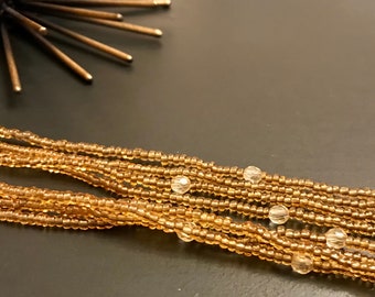 Vintage Golden Brown Multi Strand SEED BEAD NECKLACE with Small Iridescent Gold Round Beads/Subtle Boho Beaded Necklace