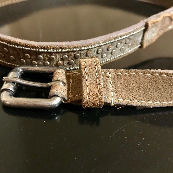 Vintage ZARA Genuine Suede Brown LEATHER BELT Slightly Distressed Silver Studs Small Silver Beadwork Size M/Boho Leather Belt/Unique Belt