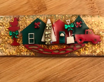 Vintage HOUSE PINS by Lucinda Christmas Glitter Houses Trees with Red Truck MCM