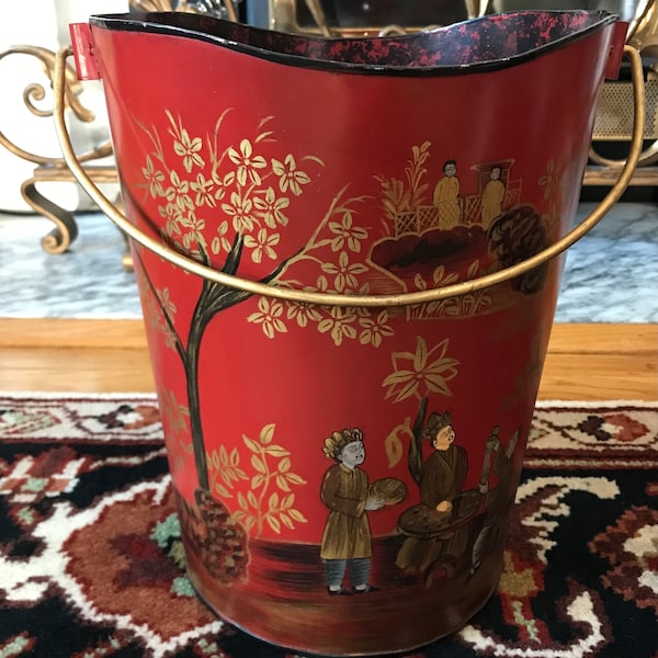 Rare Vintage RED METAL Sponge/Splatter Paint Fireplace BUCKET with Handpainted Chinese Scene