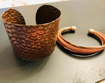 Vintage WIDE Textured COPPER CUFF Bracelet and Thinner Mesh Copper 923 Silver Adjustable Cuff Bracelet