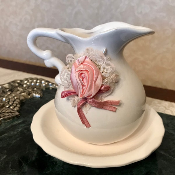 Sweet Vintage 1980's PITCHER AND BASIN White with Pink Satin Flower