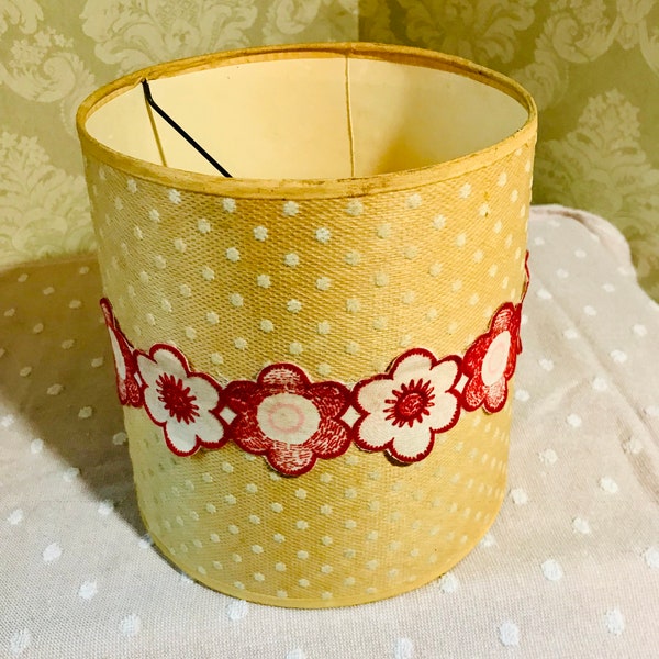 RARE Vintage 1950's Clip On FIBERGLASS LAMPSHADE Vanilla Ivory Cream Polka Dot with Raspberry Applique Flowers/Shabby Chic/Bohemian/Eclectic