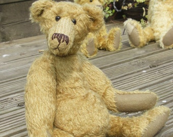 Hank PRINTED jointed mohair teddy bear sewing pattern to make a quirky Barbara-Ann Bear, with a long nose, big belly, long hands and feet.