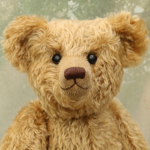 May include: A close-up of a light brown teddy bear with a fluffy, shaggy coat. The bear has large, dark eyes and a small, brown nose.