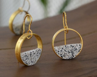 Terrazzo & Gold Plated Silver Dangle Earrings, Sustainable, Geometric Round Earrings, Architectural Earrings,Contemporary White earrings,