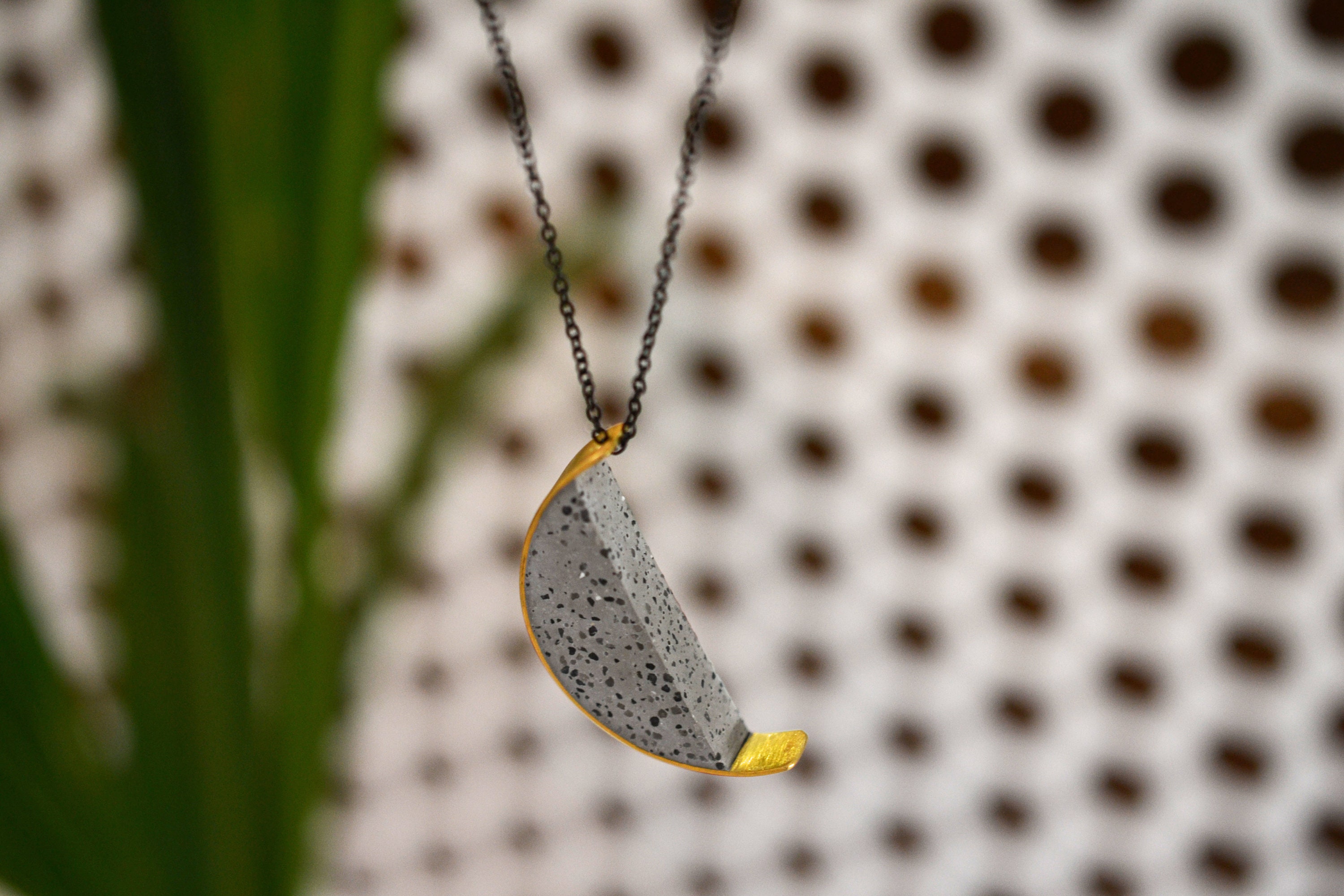 Terrazzo & Gold Plated Silver Pendant, Geometric, Architectural Necklace, Contemporary Necklace, Half moon, Statement Pendant, Handmade.
