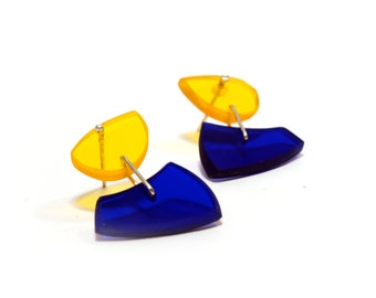 Silver & Various Colours Acrylic Glass Earrings, Yellow - Blue, Shapes, Architectural Design, Plexiglass Earrings, Contemporary Earrings.