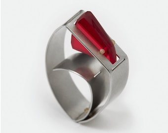 Stainless Steel & Acrylic Glass Ring, Architectural Design, Plexiglass, Contemporary Ring, Gift for Architect, Adjustable, Statement Ring.