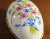 Limoges France Porcelain Egg Box with Flower Bouquet Tied with Blue Ribbon Bow