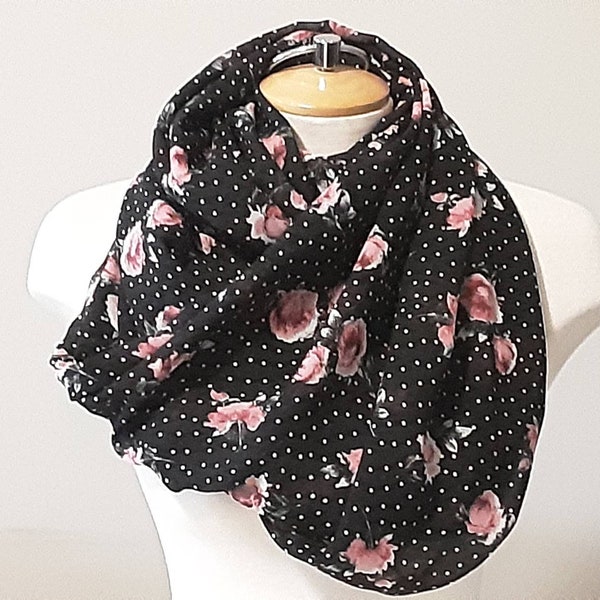 Mobius infinity, prayer scarf/shawl,black with white dots and roses. Head covering prayer cloth. Blessed with healing prayers.