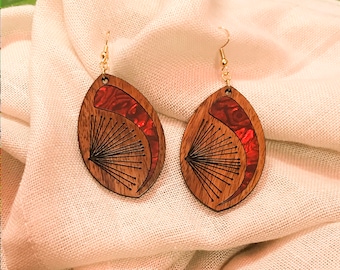 Hawaiian Koa Wood Earrings with Pearl inlay,  I’iwi & Lehua Blossom, Personalize, Made in Maui