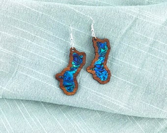 Island of Guam, Hawaiian Koa Wood Earrings with Pearl inlay, Personalize, Made in Maui