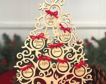 Wooden Christmas Tree with personalized name ornaments - Table or mantle Decoration