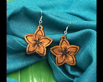 Hawaiian Koa Wood Earrings, Plumeria Flower, Personalize, Made in Maui