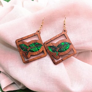 Hawaiian Koa Wood Earrings with Pearl inlay, The Kalo, Personalize, Made in Maui